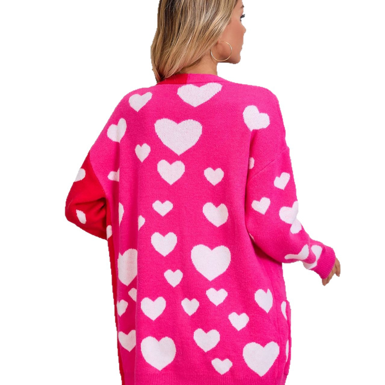Colorblock Heart Knit Long Cardigan with Pockets