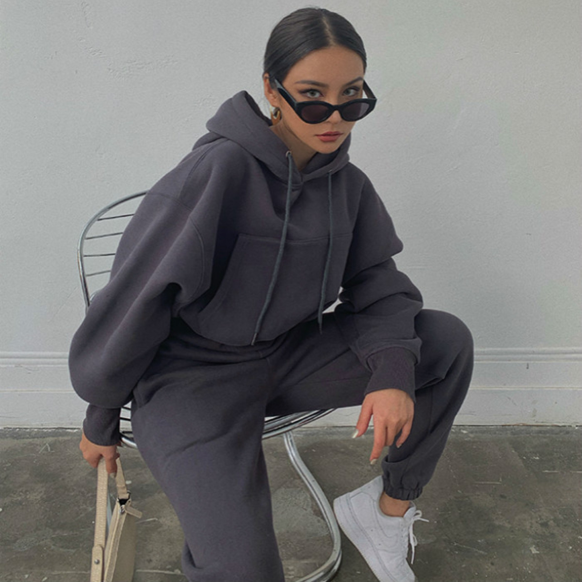 Women's Casual Hoodie and Pants Set Solid Color Long Sleeve