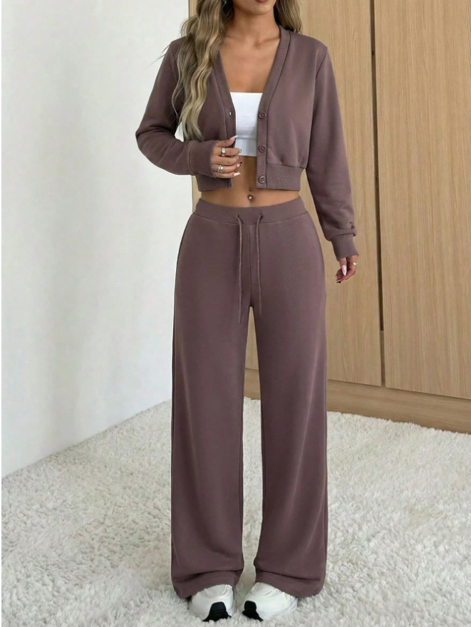 Women's Solid Color Cropped Cardigan & Wide-Leg Pants Casual Set