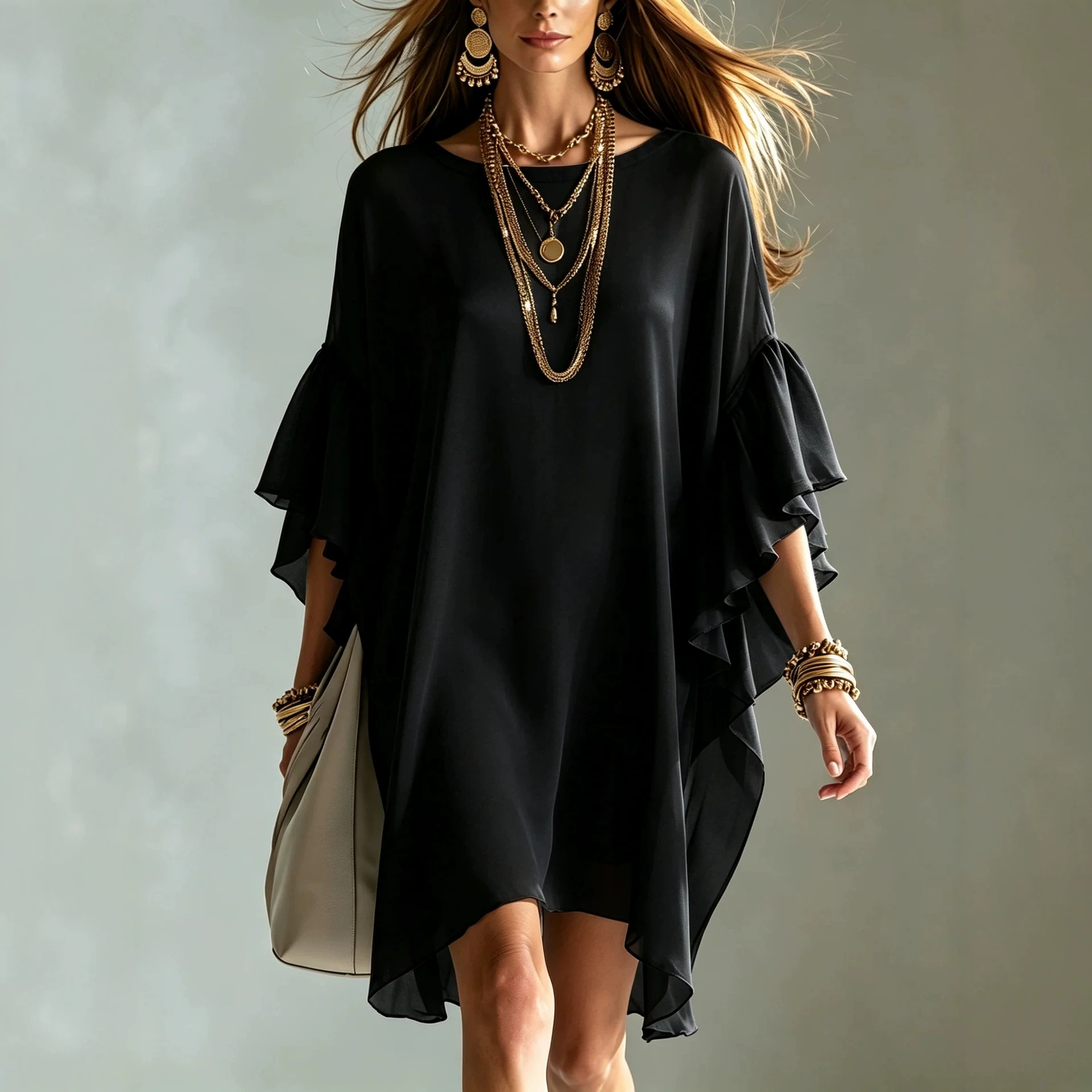 Minimalist Black Chiffon Short Dress with Ruffle Sleeves Loose Fit