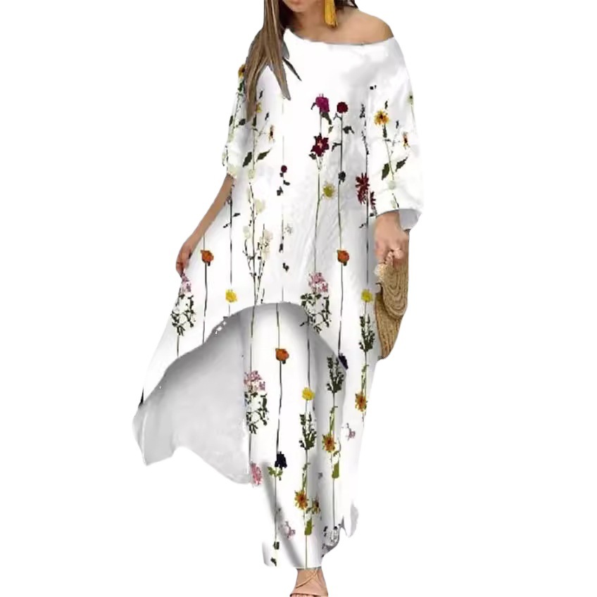 Women's Loose Plus Size Irregular Print Two-Piece Straight Pants Set