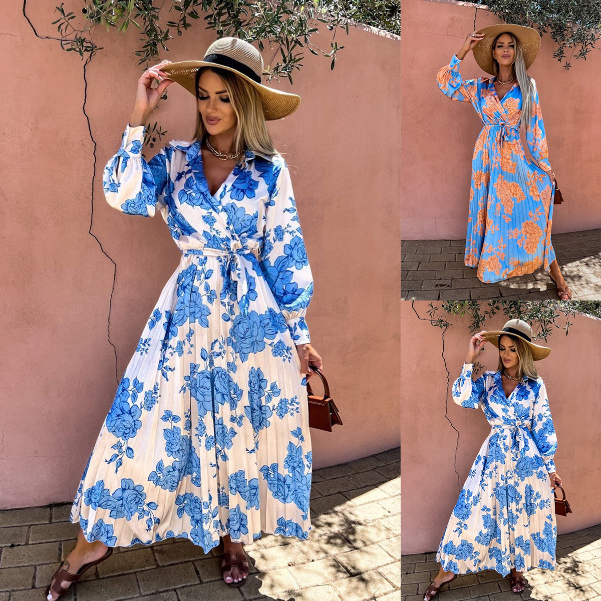 Women's Long Sleeve Ruched Waist Floral Print V-Neck Dress