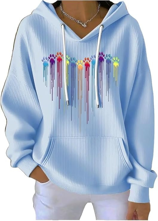 Women's Striped Hooded Long-Sleeve Sweatshirt with Cartoon Digital Print