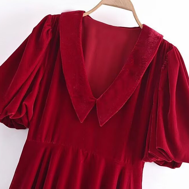 Velvet Puff Sleeve V-Neck A-Line Mini Dress