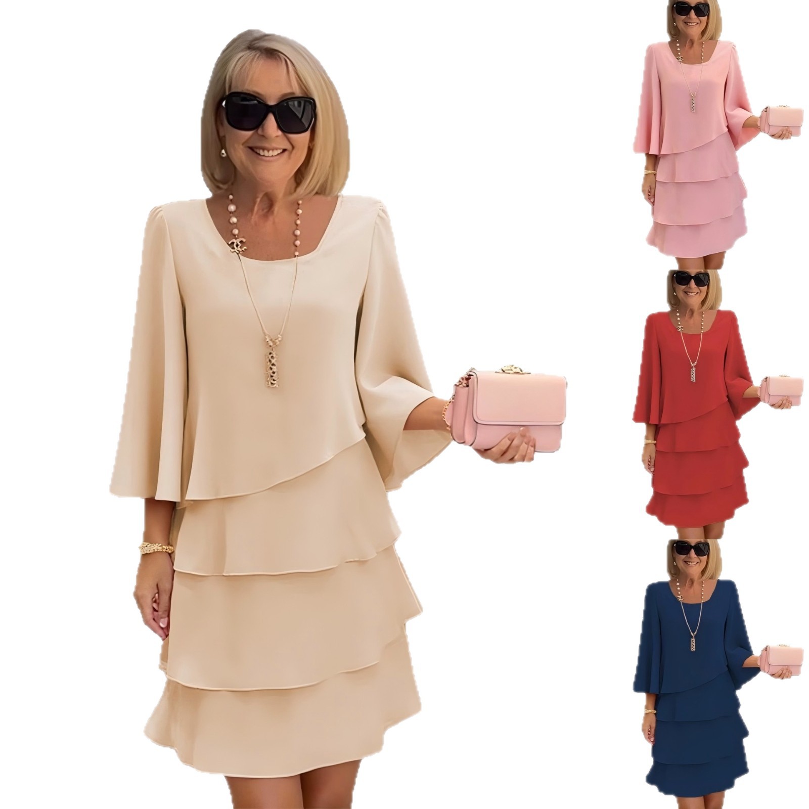 Women's Tiered Cake Dress Round Neck Loose Fit Midi Dress