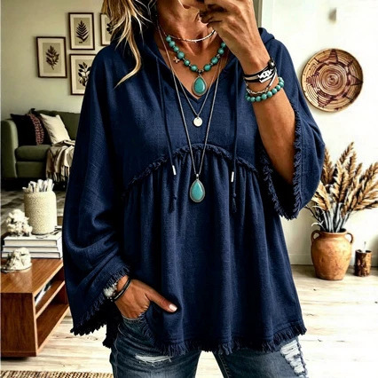 Annuo Self-Developed 2026 Europe & America Cross-Border Autumn/Winter New Women's Clothing Fall Loose Drawstring 3/4 Sleeve Casual Top for Women