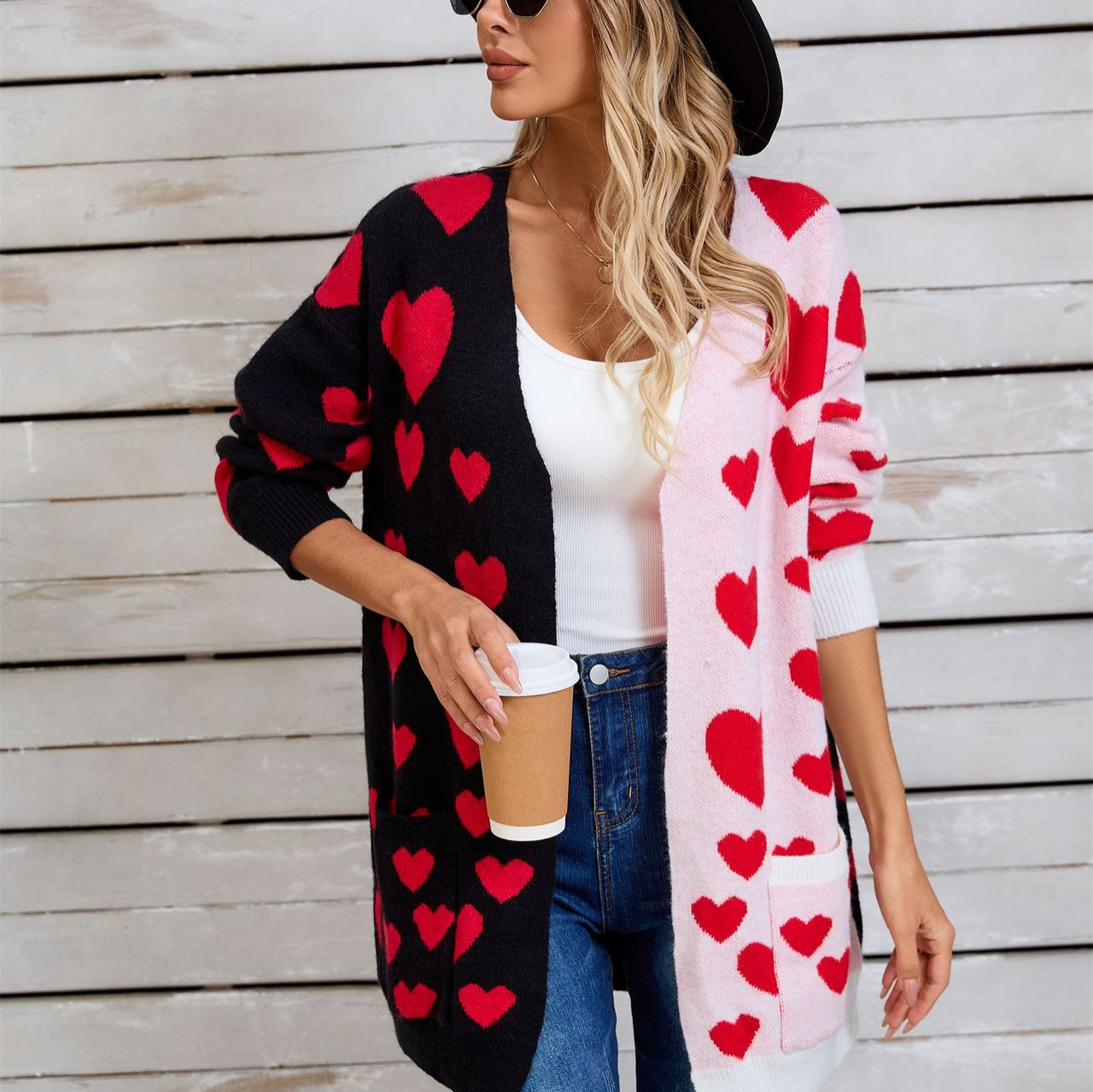 Colorblock Heart Knit Long Cardigan with Pockets