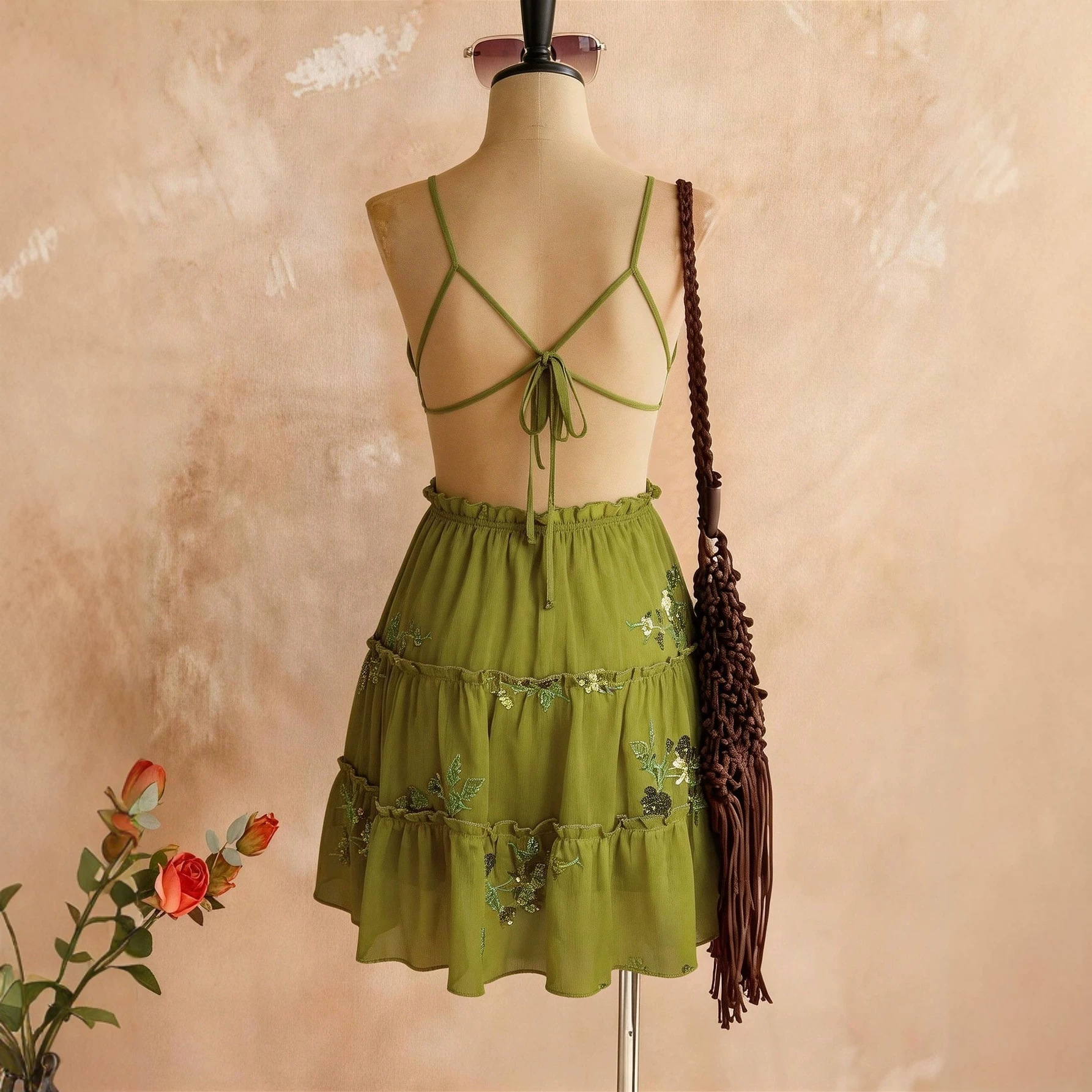 Avocado Green Sequin Embroidered Deep V Tiered Dress Back Cross Vacation Dress