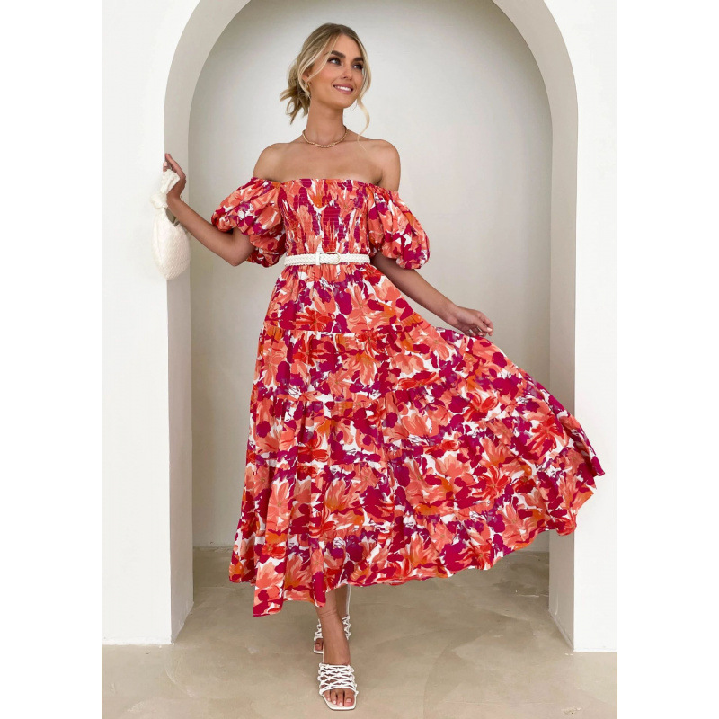 Square Neck Lantern Sleeve High Waist Off-Shoulder Loose Long Dress