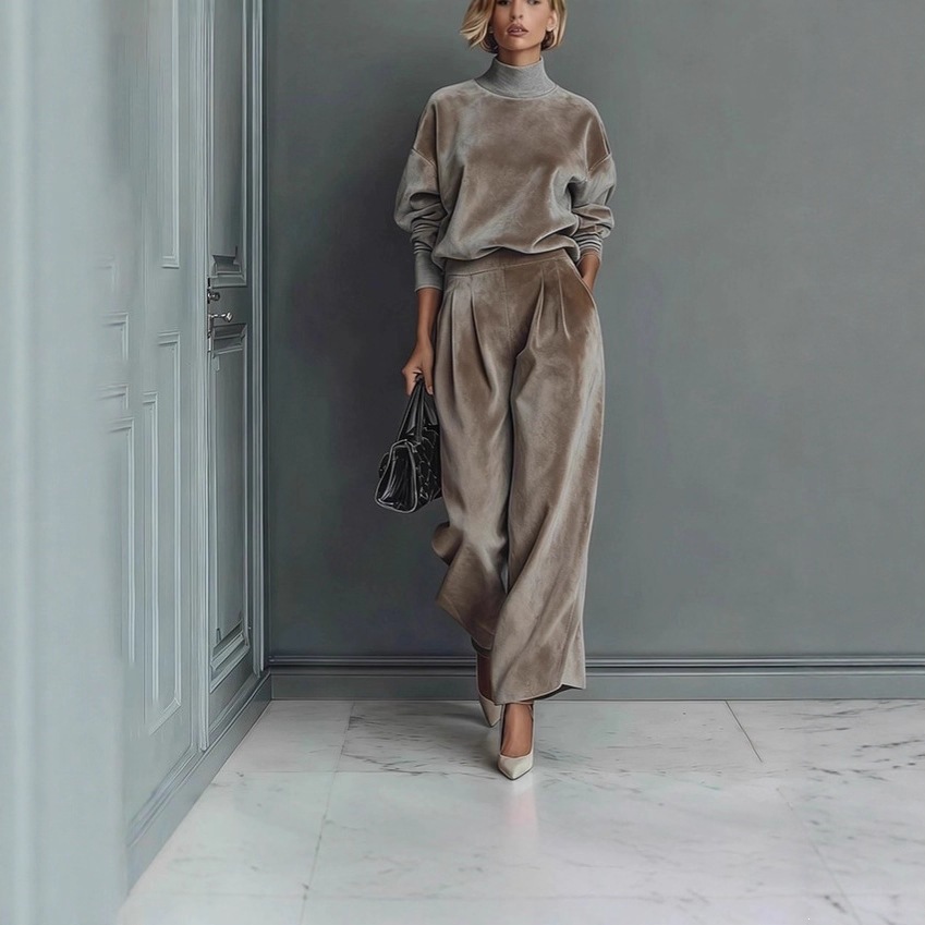 Velvet Long-Sleeve Turtleneck Top & Wide-Leg Pants Set