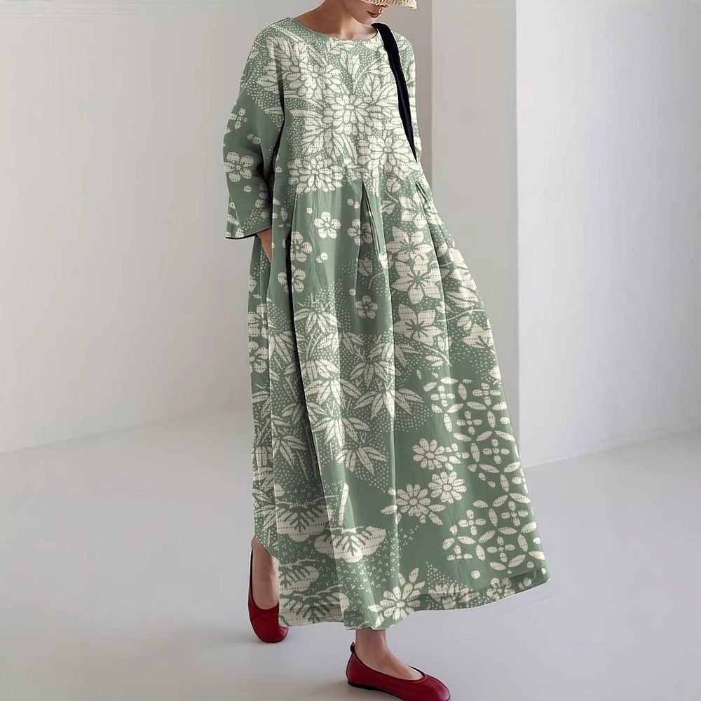Women's Floral Print Casual A-Line Dress with U-Neck and Short Sleeves