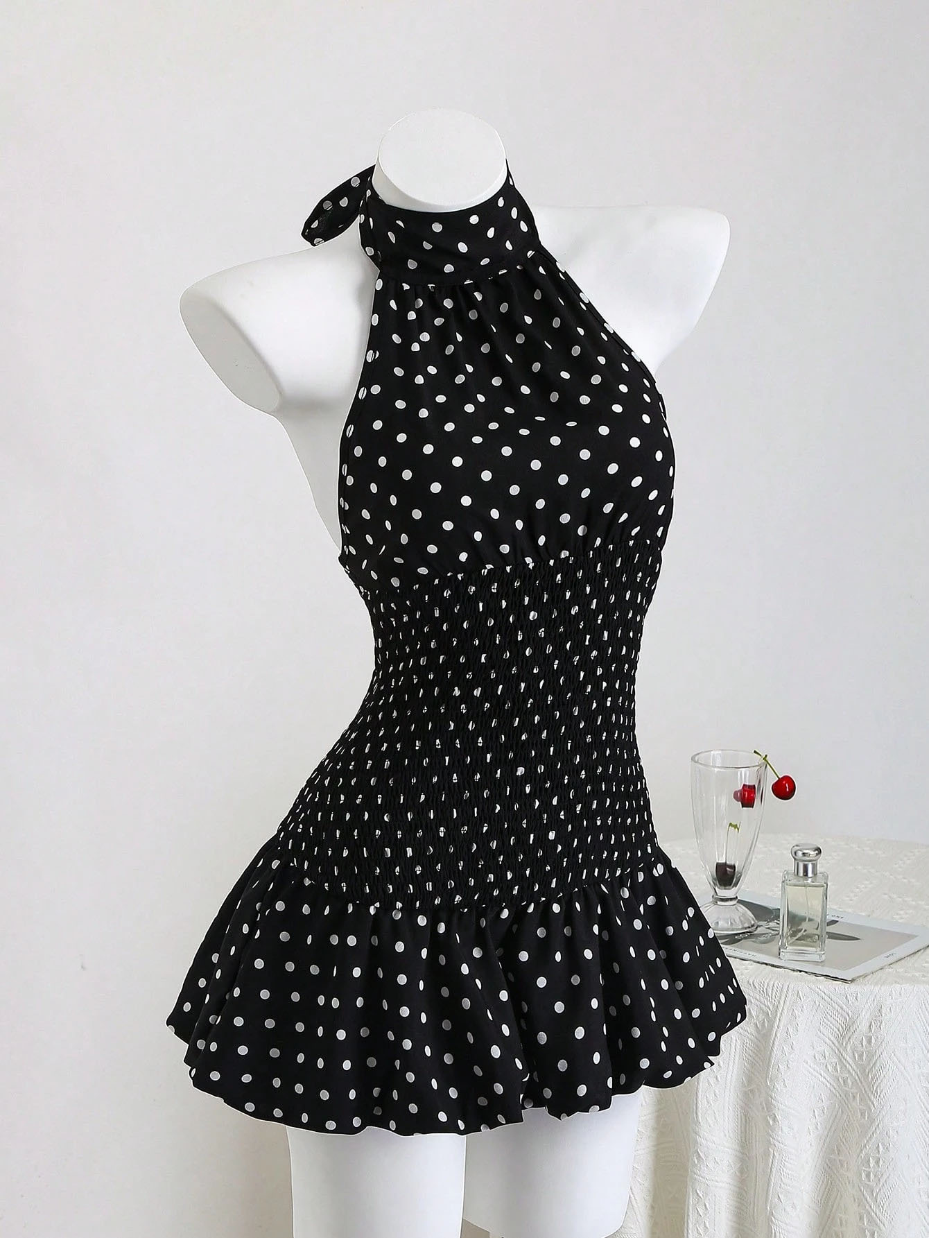 Women's Sleeveless Halter Polka Dot Tie-Back A-Line Mini Dress