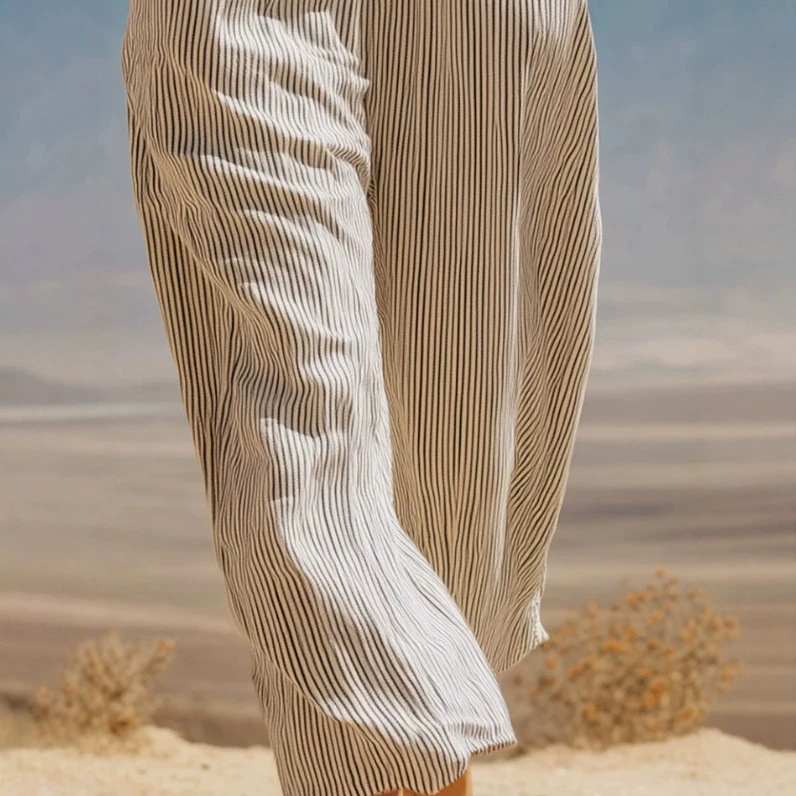 Women's Casual Vintage Striped Sleeveless Wide-Leg Cotton Jumpsuit with Lace Trim