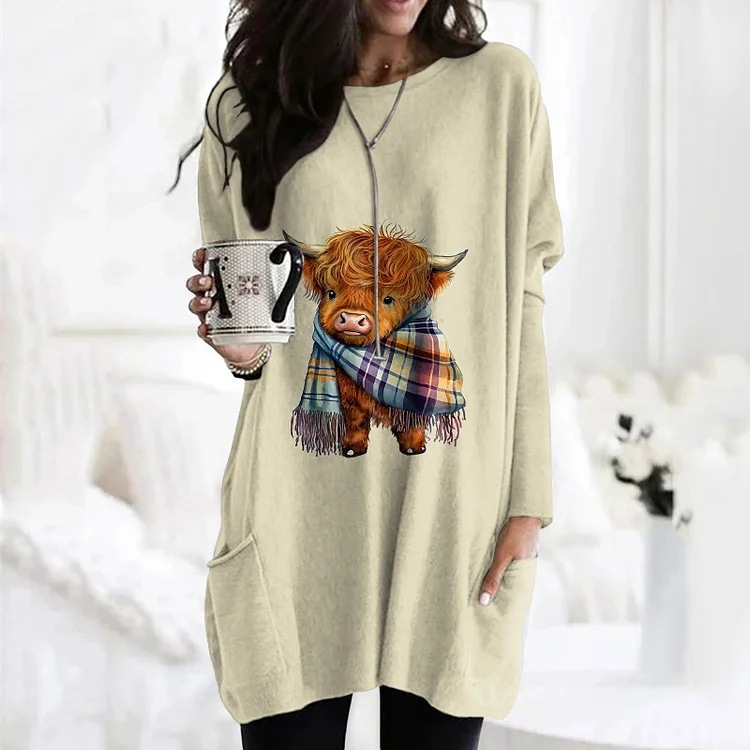 Women's Animal Print A-Line Midi Dress Long Sleeve Crew Neck Casual