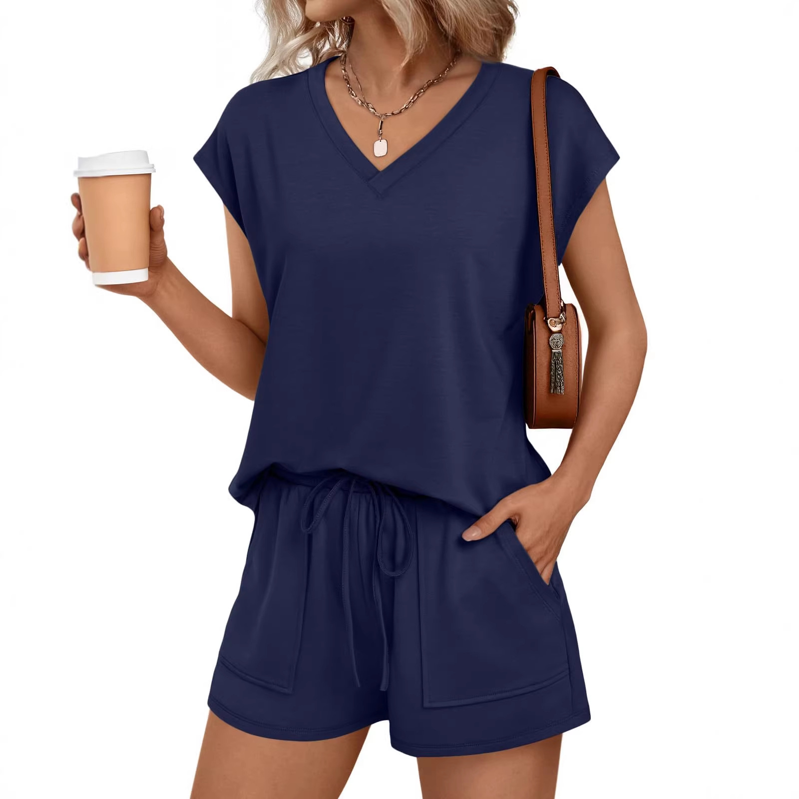V-Neck Short Sleeve Tee and Shorts Two-Piece Set