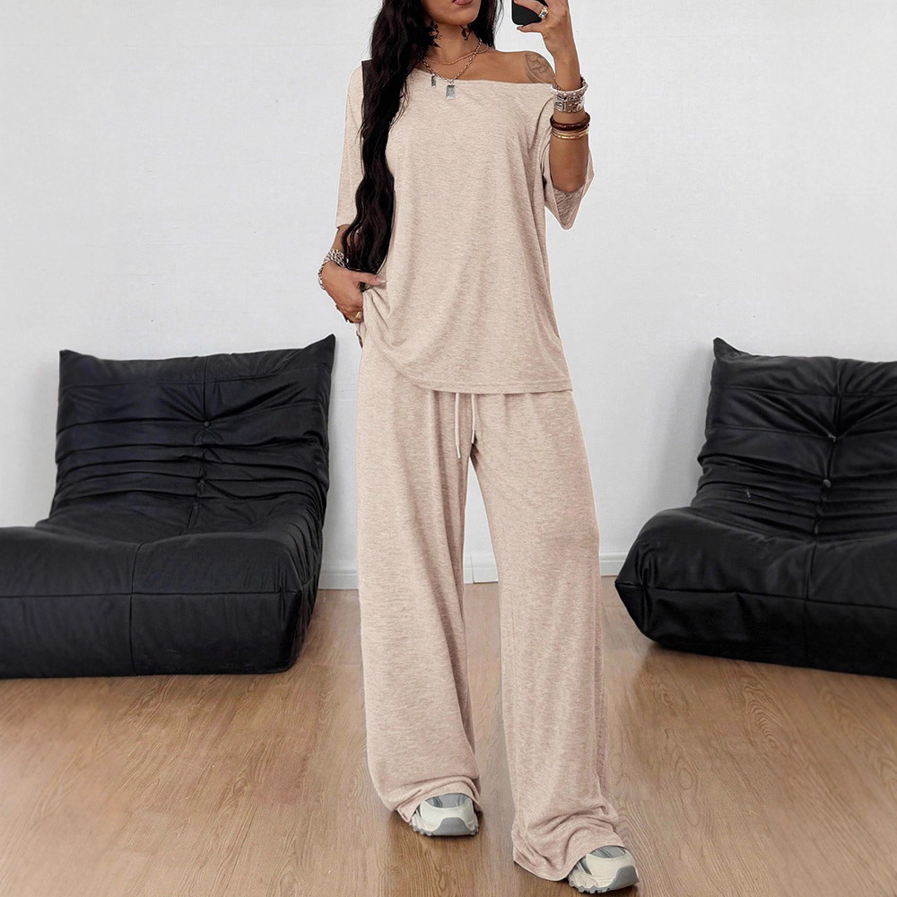 Women's Asymmetric Neck Wide-Leg Pants Set Solid Color Casual Two-Piece
