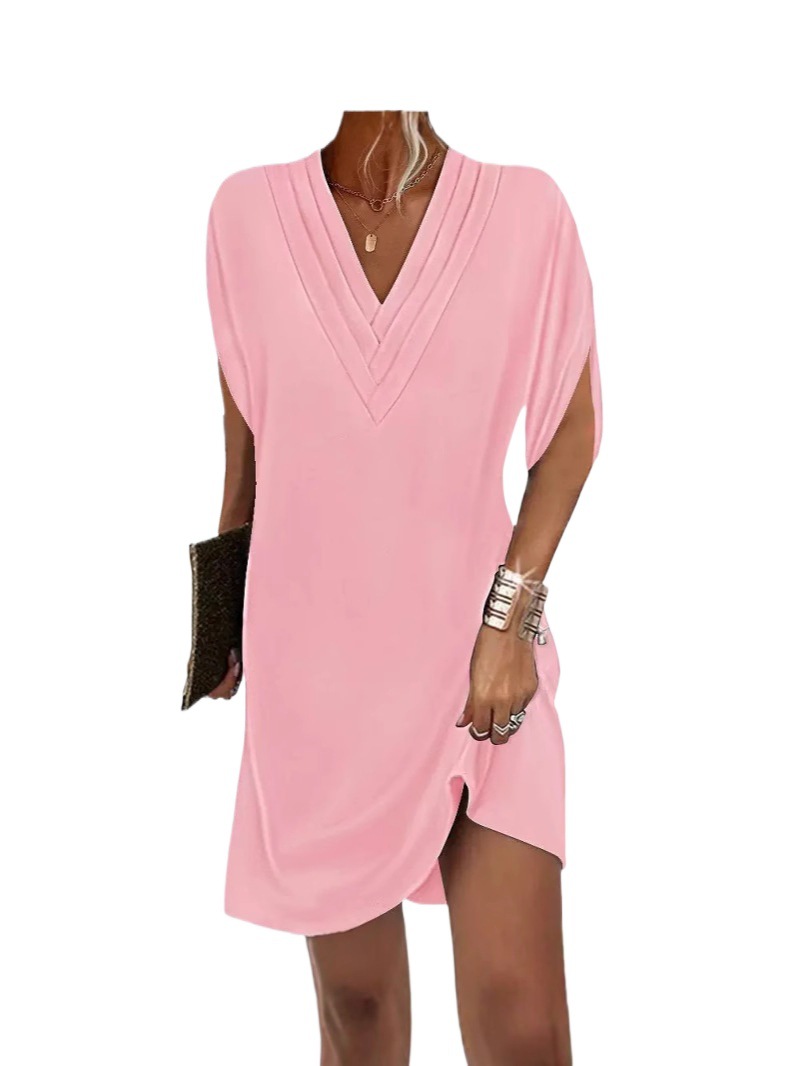 Women's V-Neck Pleated Batwing Sleeve Midi Dress