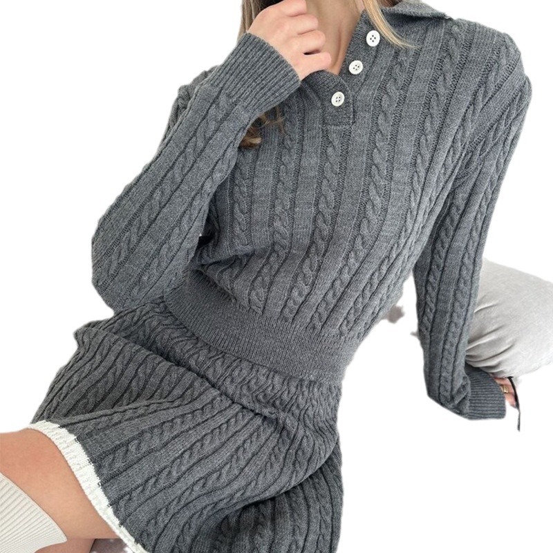 Women's Casual Knit Sweater and Mini Skirt Two-Piece Set with Button Detail
