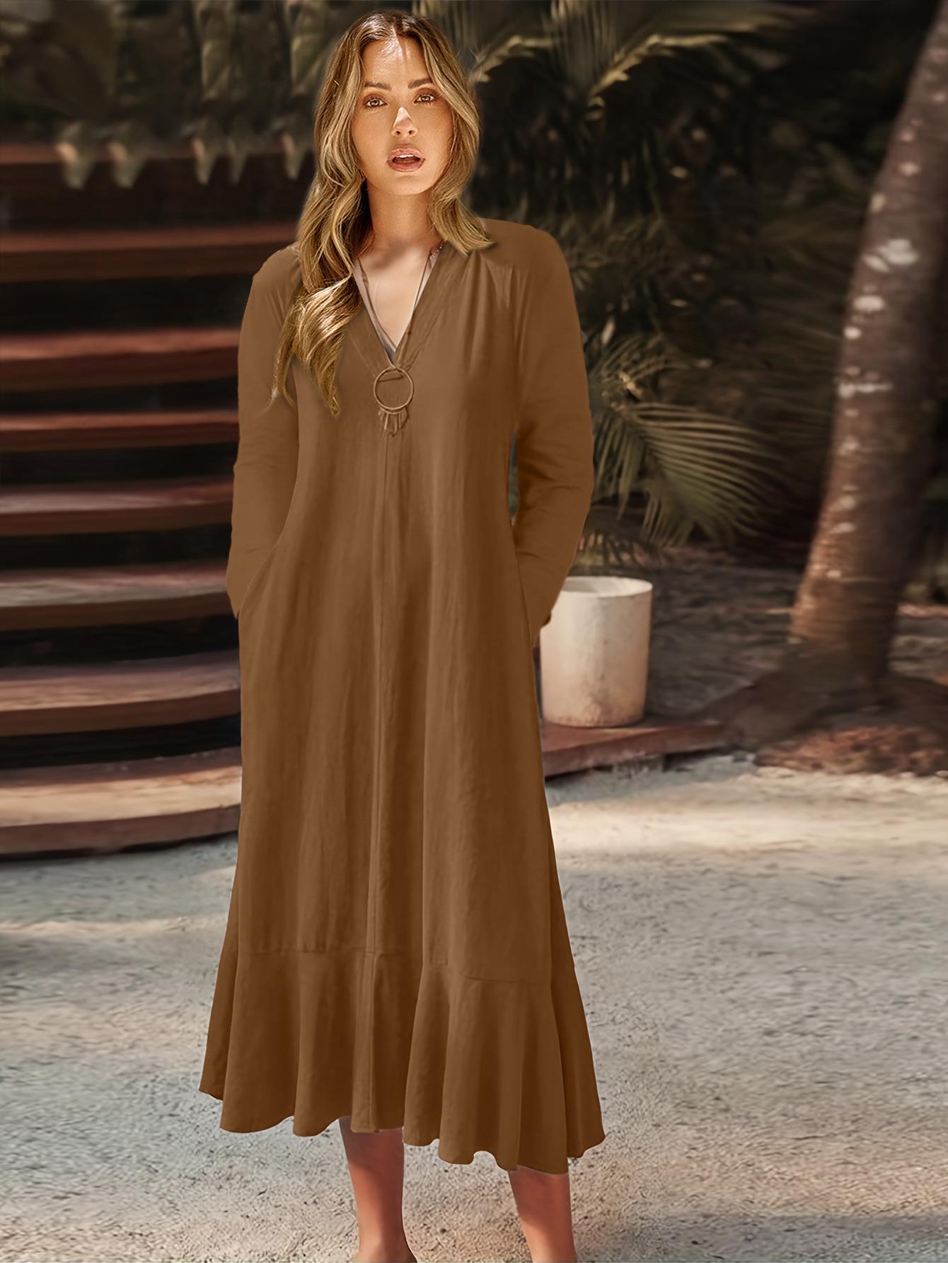 Women's Solid V-Neck Tie Long Sleeve A-Line Long Dress
