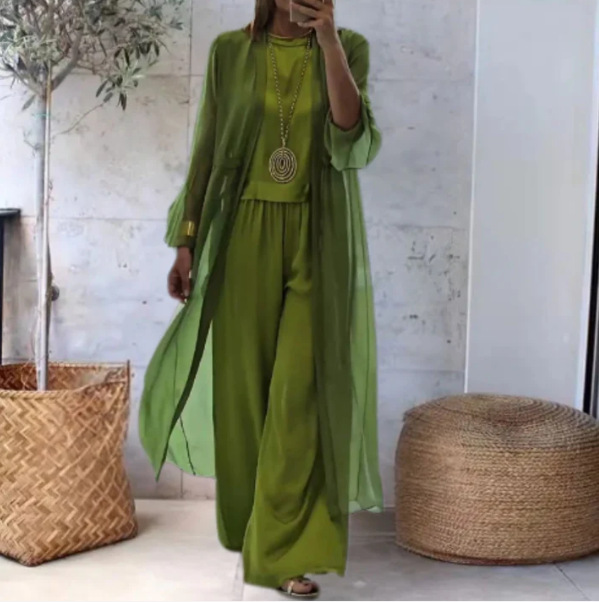 Elegant Solid Color 3-Piece Women's Outfit Long Sleeve Cardigan Set