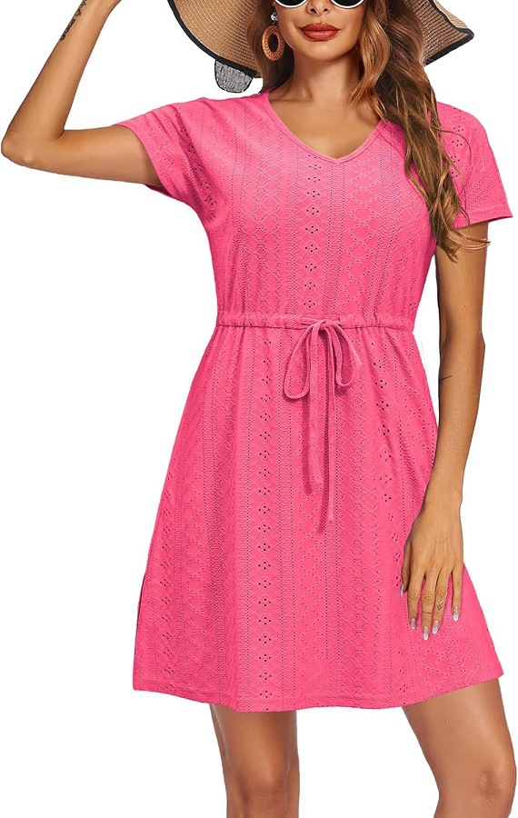 Women's Cutout Waist V-Neck Short Sleeve Beach Dress