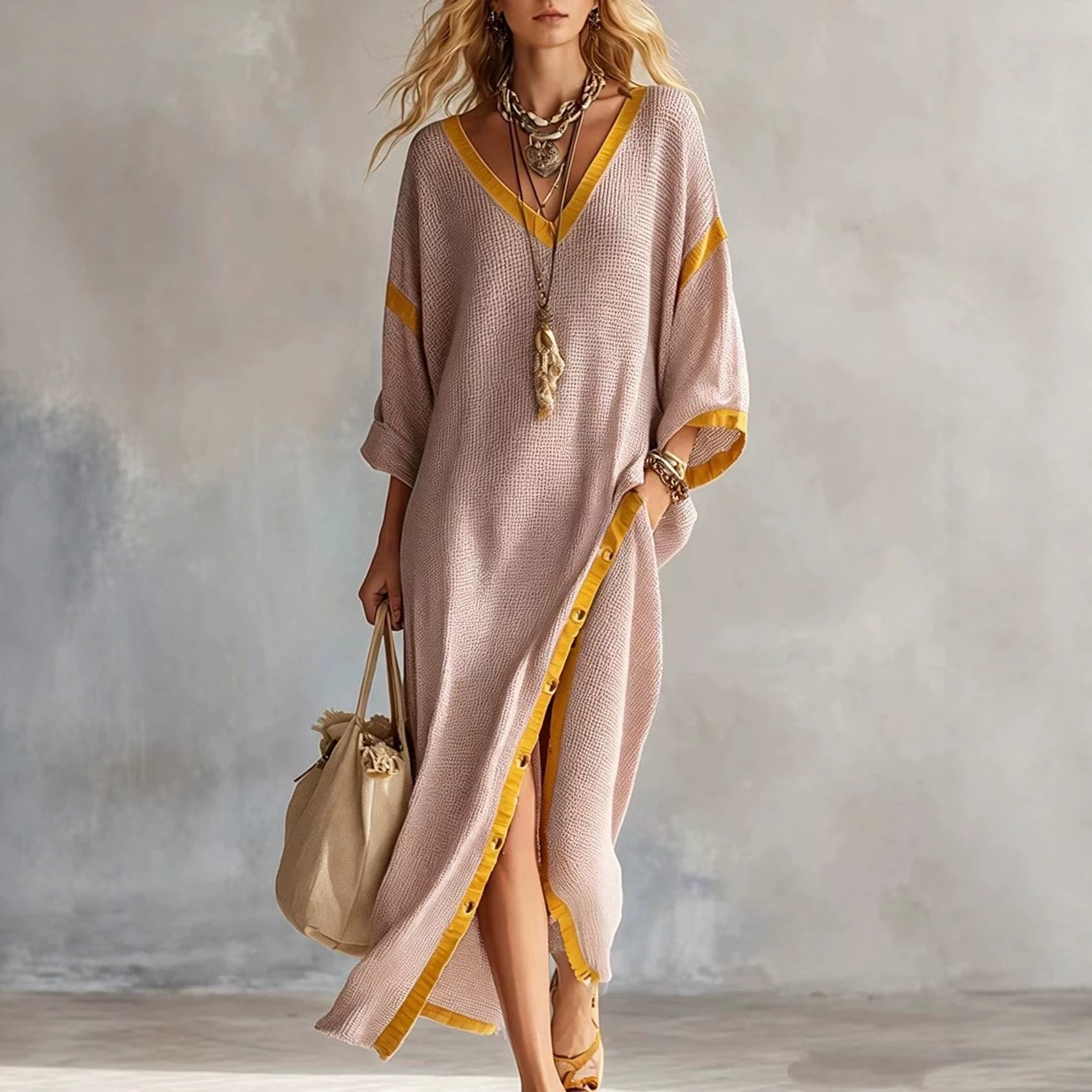 Women's Boho Colorblock Loose Slit Dress