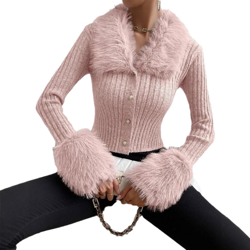 V-Neck Slim-Fit Knit Cardigan with Faux Fur Trim