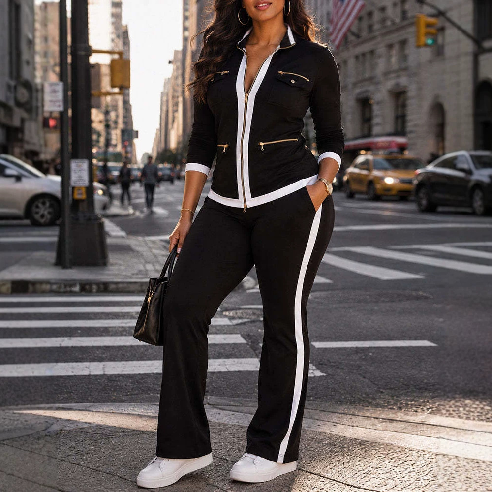 Women's Two-Piece Set Zip-Up Stand Collar Top and High-Waist Straight-Leg Pants