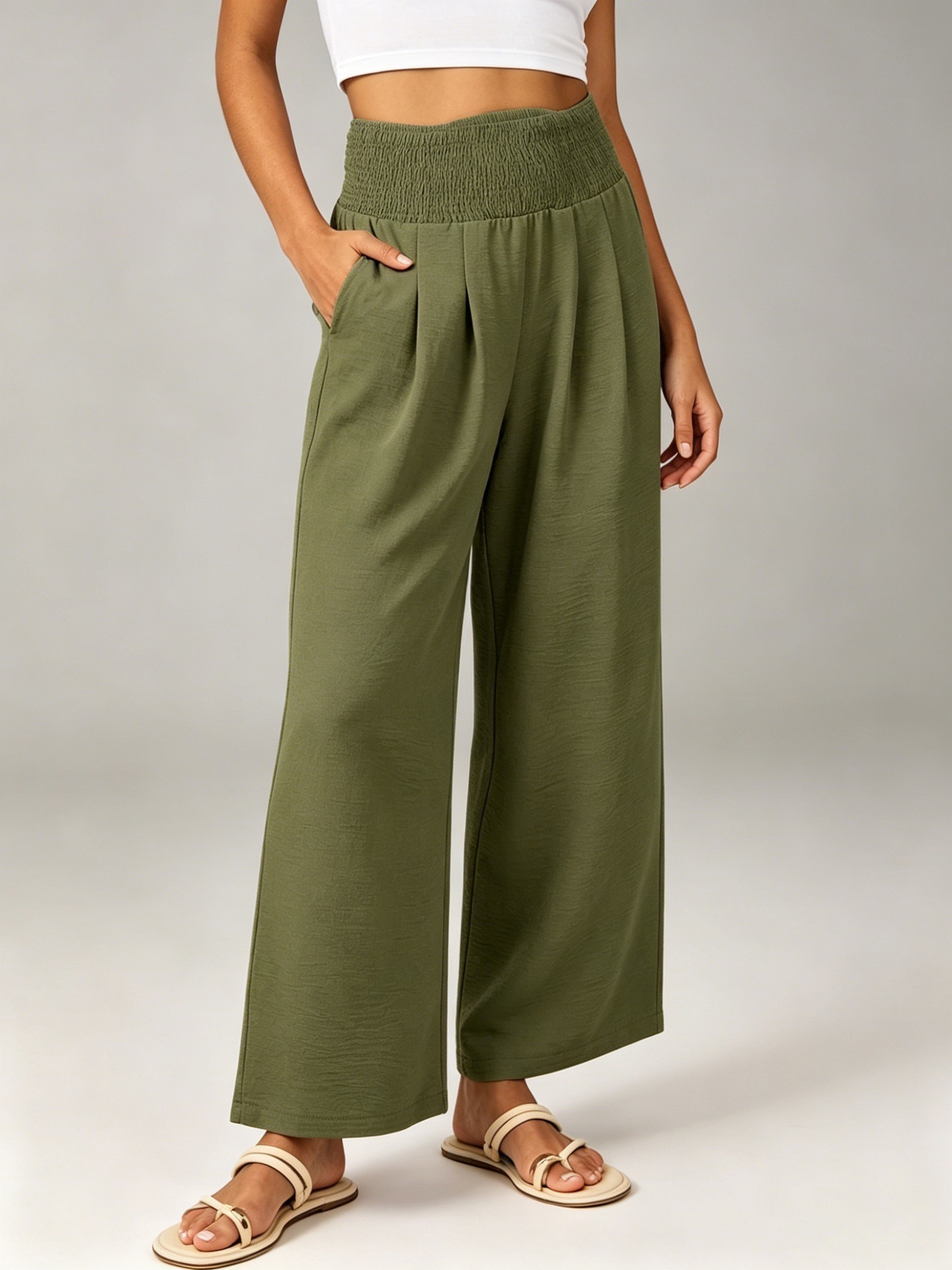 Women's High-Waist Smocked Linen-Blend Wide-Leg Cropped Pants