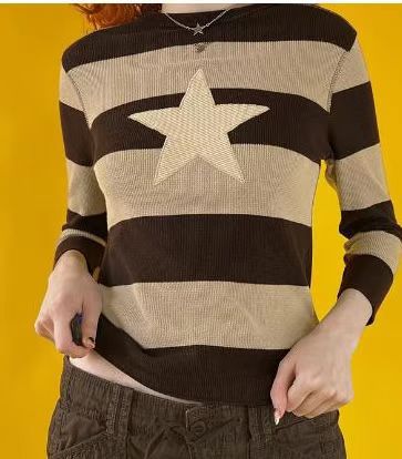 Star Striped Color-Block Crewneck Pullover Sweater