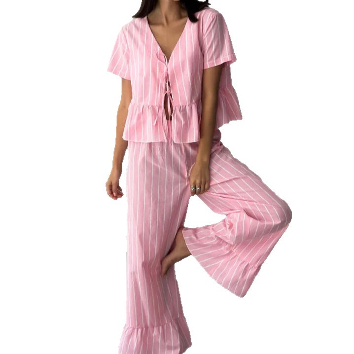 Women's V-Neck Striped Tie Shirt & Wide-Leg Pants Set