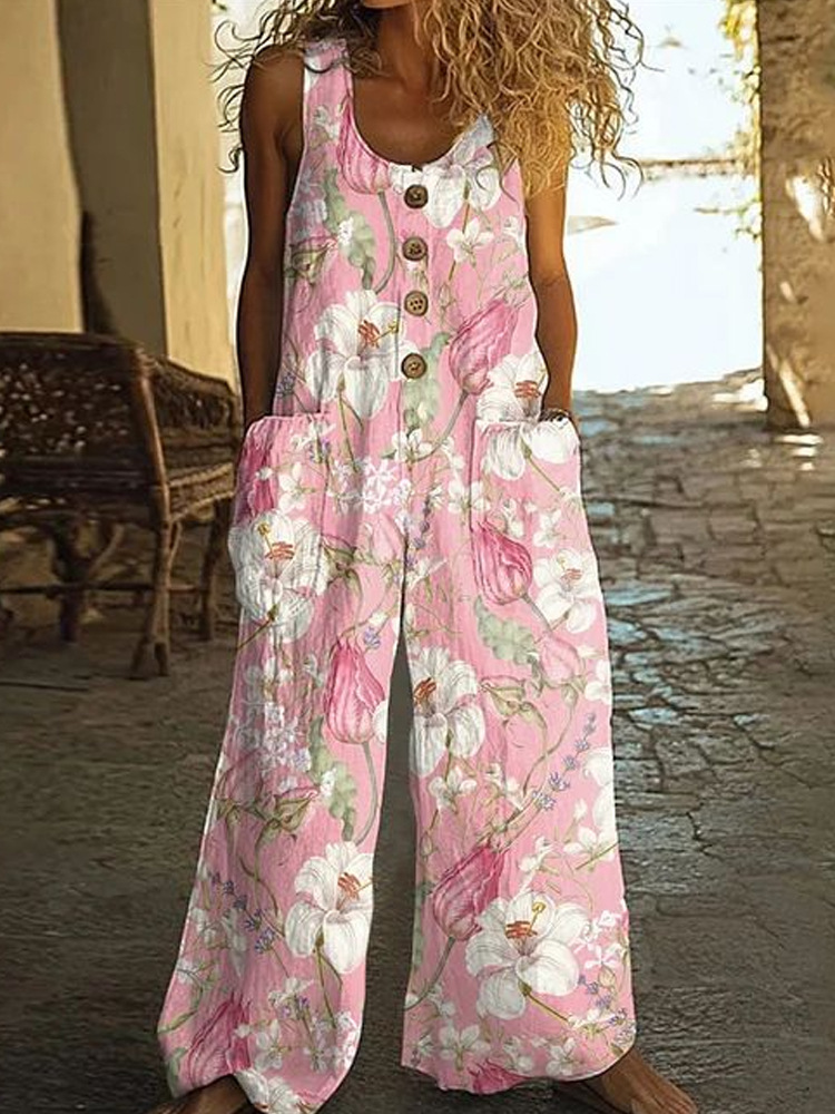 Women's Sleeveless Wide-Leg Jumpsuit with Pockets