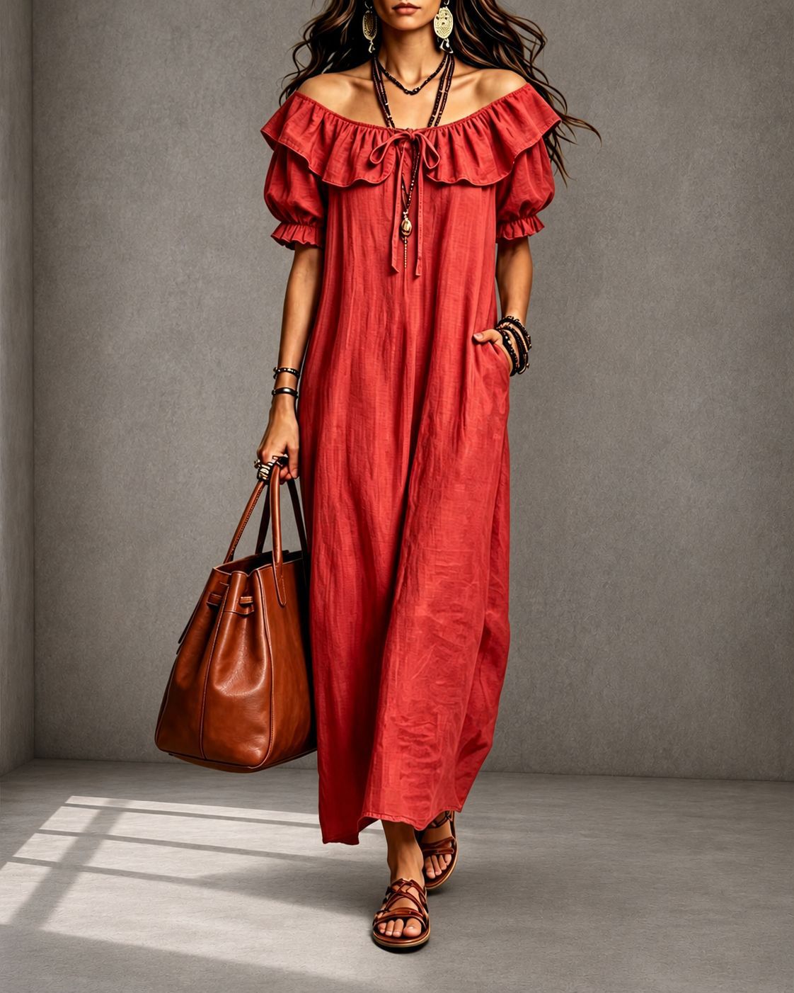 Ruffled Crew Neck A-Line Midi Dress for Beach Vacation