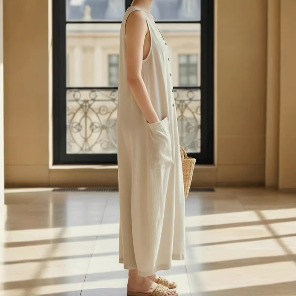 Women's Linen-Blend Button-Front Collared Sleeveless Wide-Leg Jumpsuit