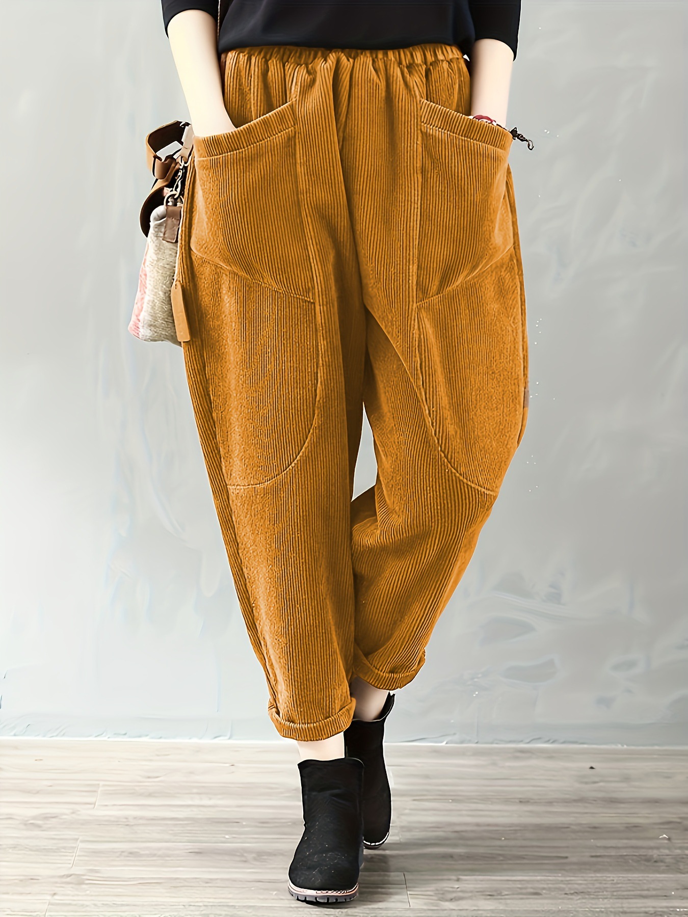 Women's Corduroy Elastic Waist Wide Leg Pants Plus Size