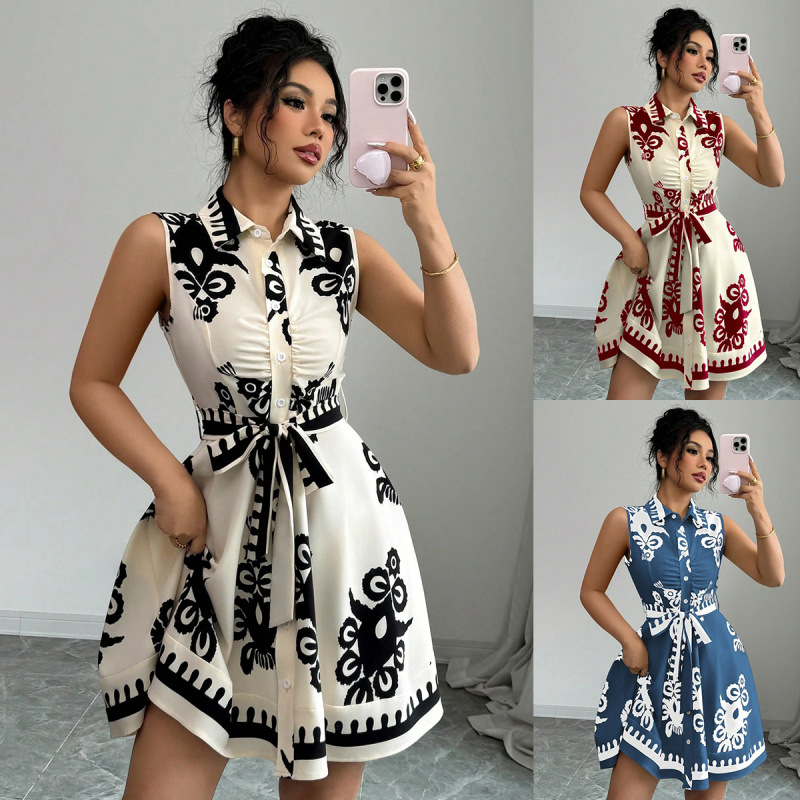 Tie-Waist Floral Print Sleeveless Dress