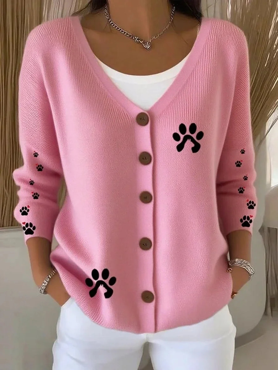 Women's Pet Print Ribbon Ghost Button Cardigan Sweater