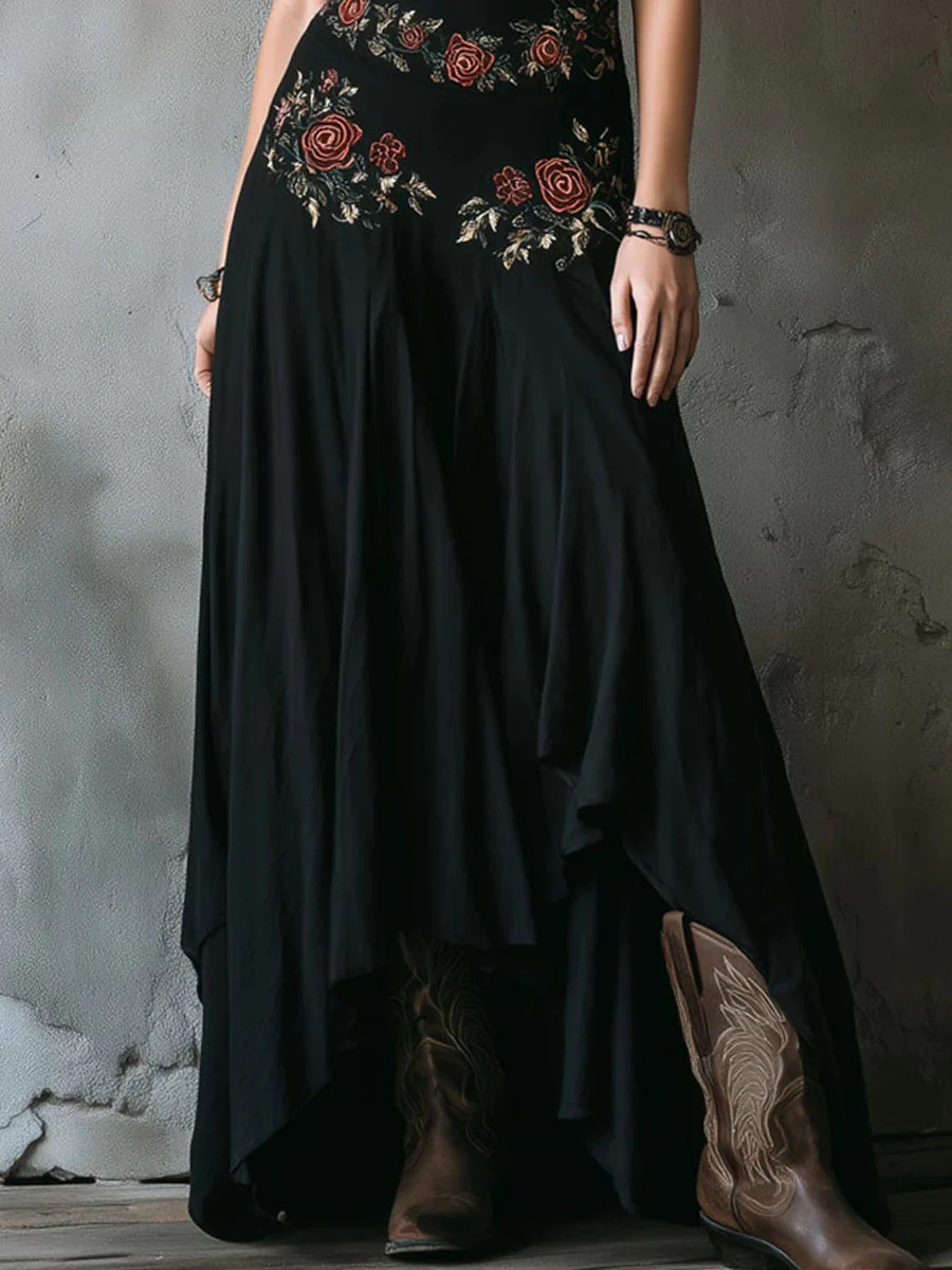 Retro Embroidered Black High-Waist Asymmetric Hem Long Dress