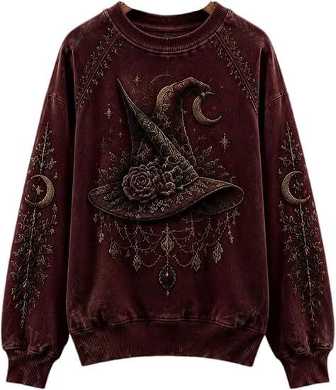 Halloween Witch Hat Print Crewneck Long-Sleeve Pullover Sweatshirt
