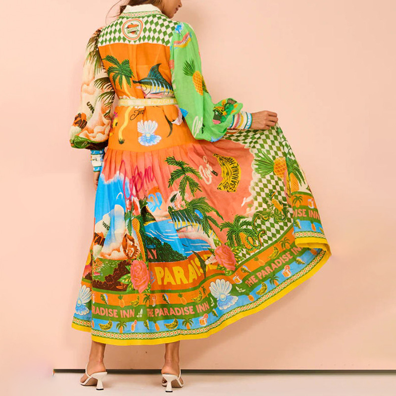 Elegant Printed Tie-Front Collared Long Sleeve A-Line Dress