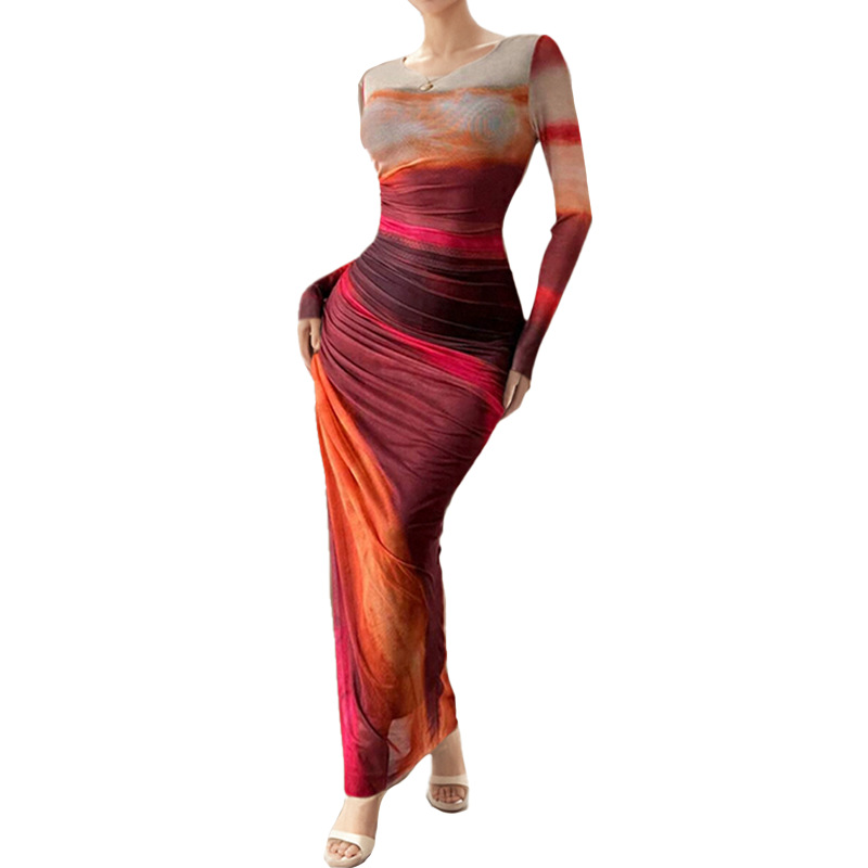 Women's Elegant Slim-Fit Long Dress with Waist-Cinching Design