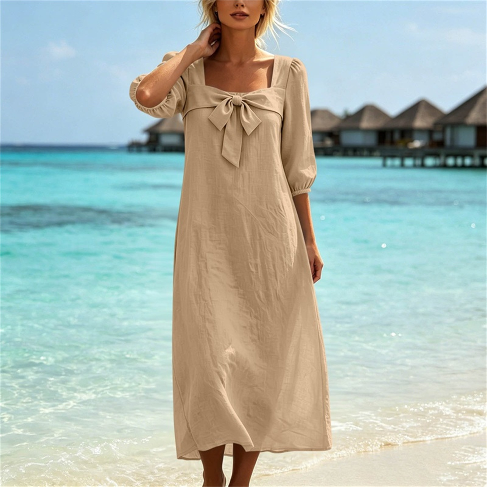 Women's Cotton Linen Square Neck Bow 3/4 Sleeve Solid Casual Dress