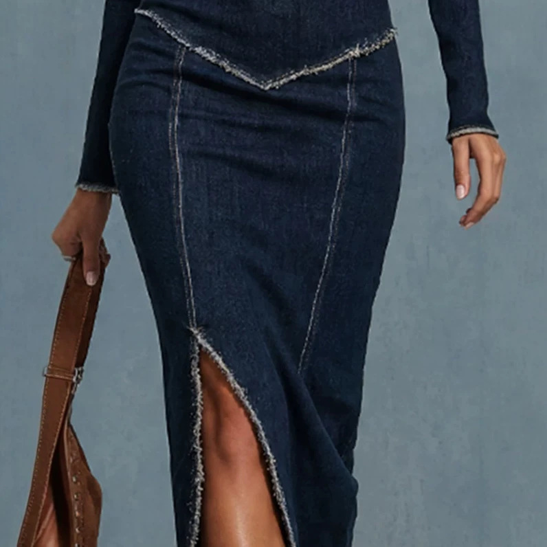 Elegant Vintage Dark Blue Denim Midi Skirt