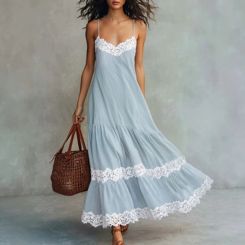 Bohemian Lace Trim Light Blue Cotton-Linen Long Dress