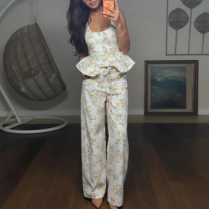 Women's Summer Printed Ruffle Two-Piece Pant Set