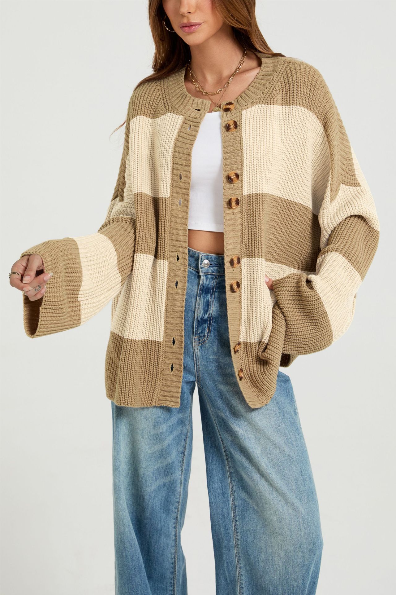 Striped Color-Block Knit Cardigan Sweater Coat