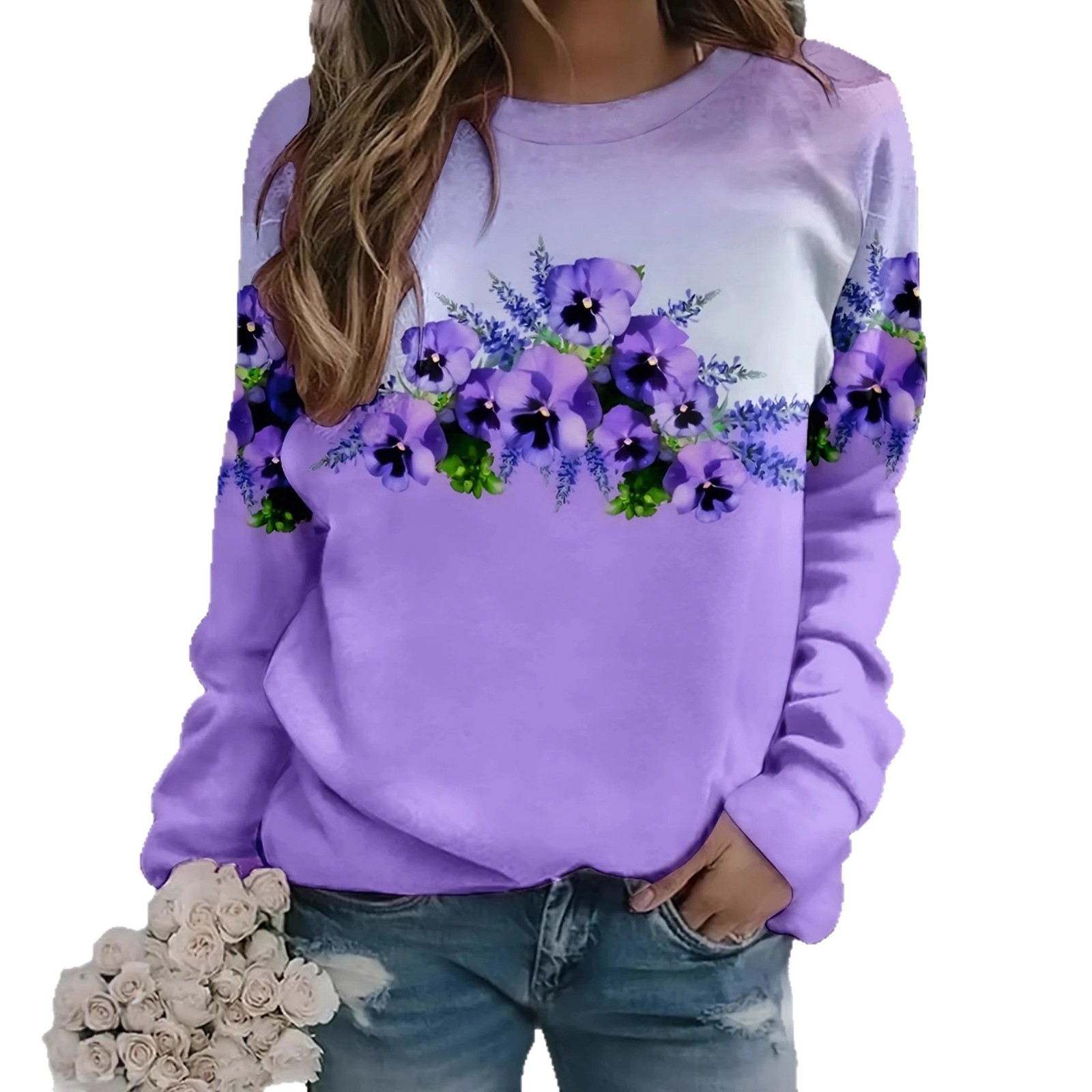 Women's Floral Butterfly Print Crewneck Sweatshirt