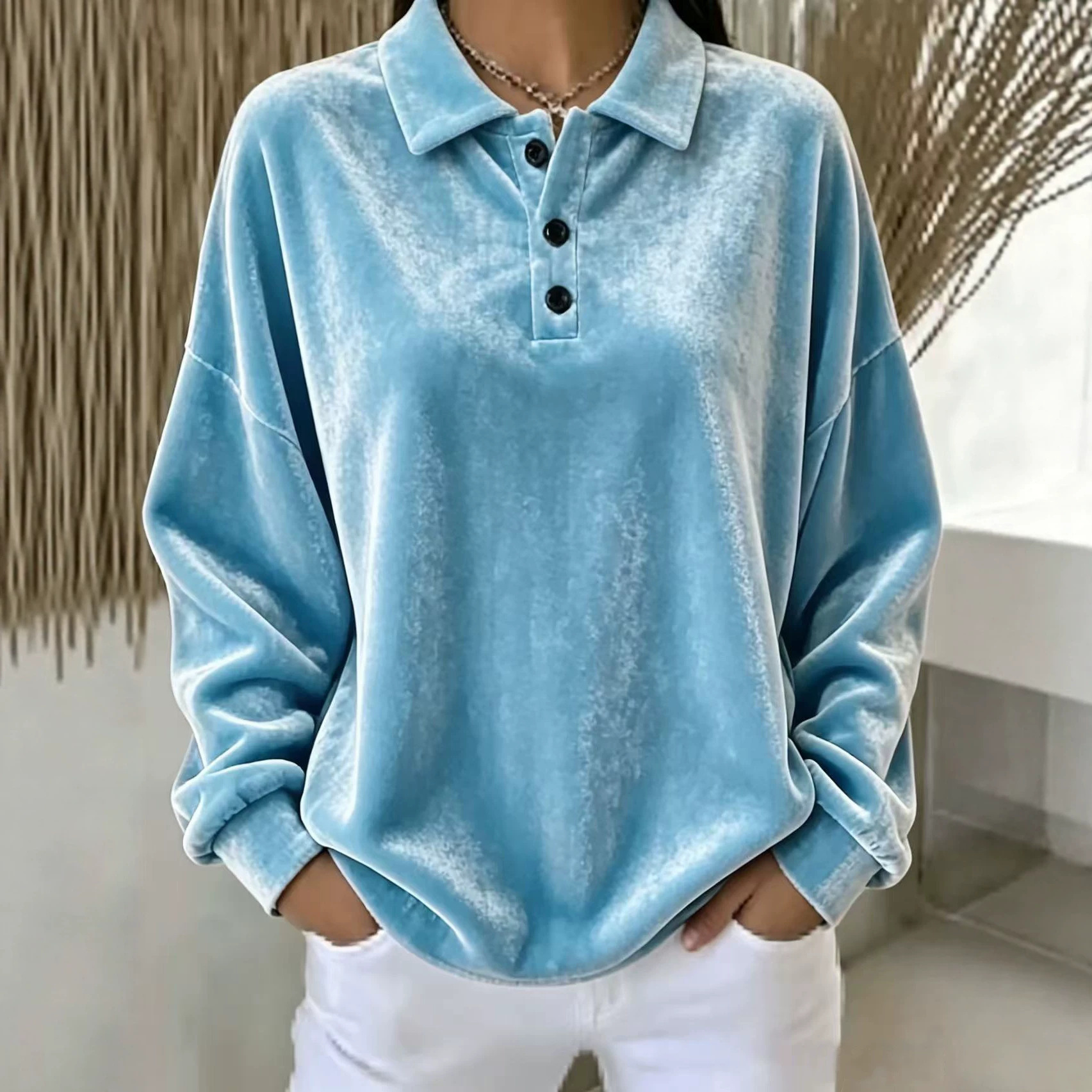 Women's Long-Sleeve Polo Collar Sweatshirt Top