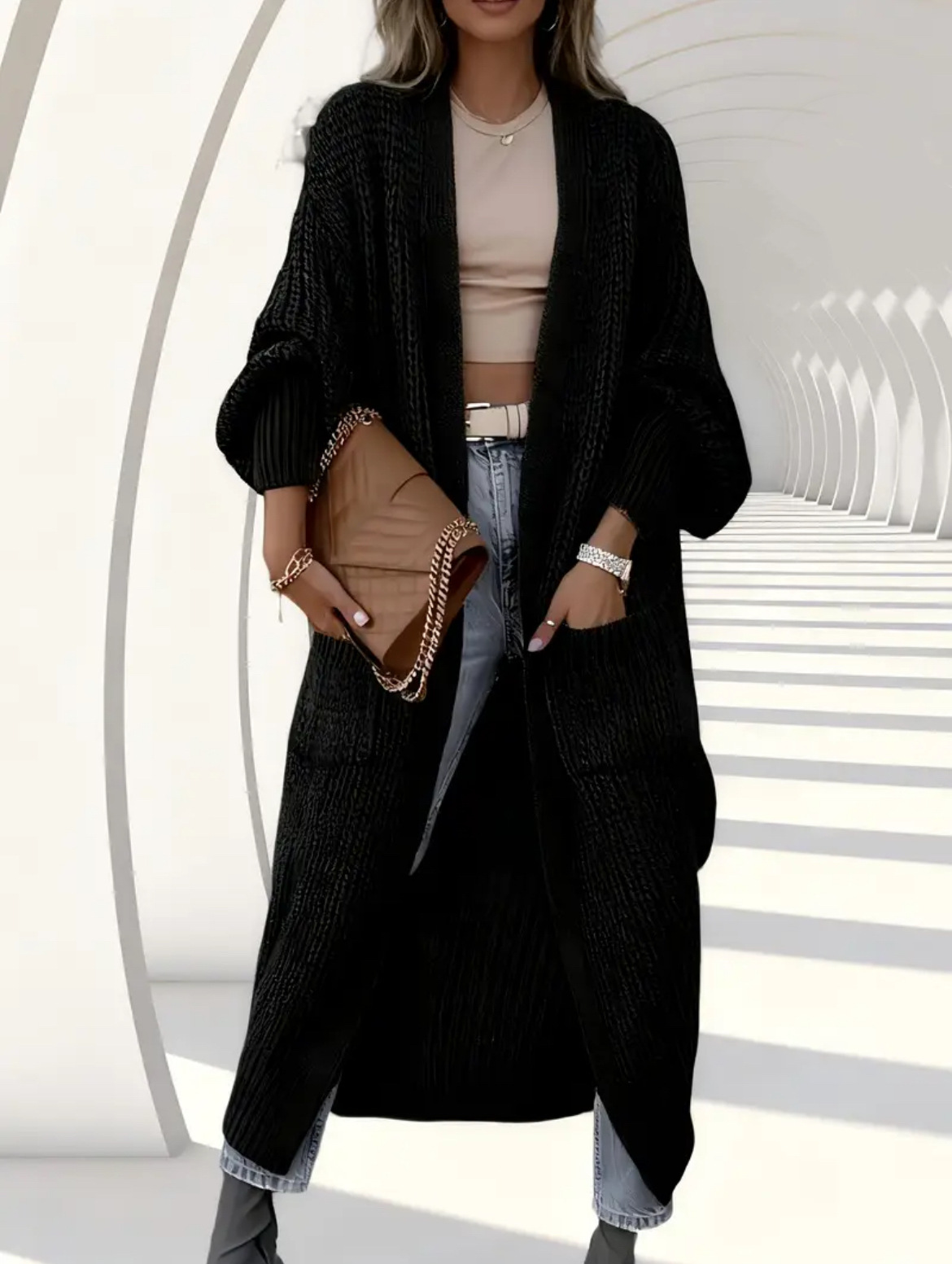 Women's Thick Knit Long Cardigan Sweater Coat Loose V-Neck Long Sleeve Midi