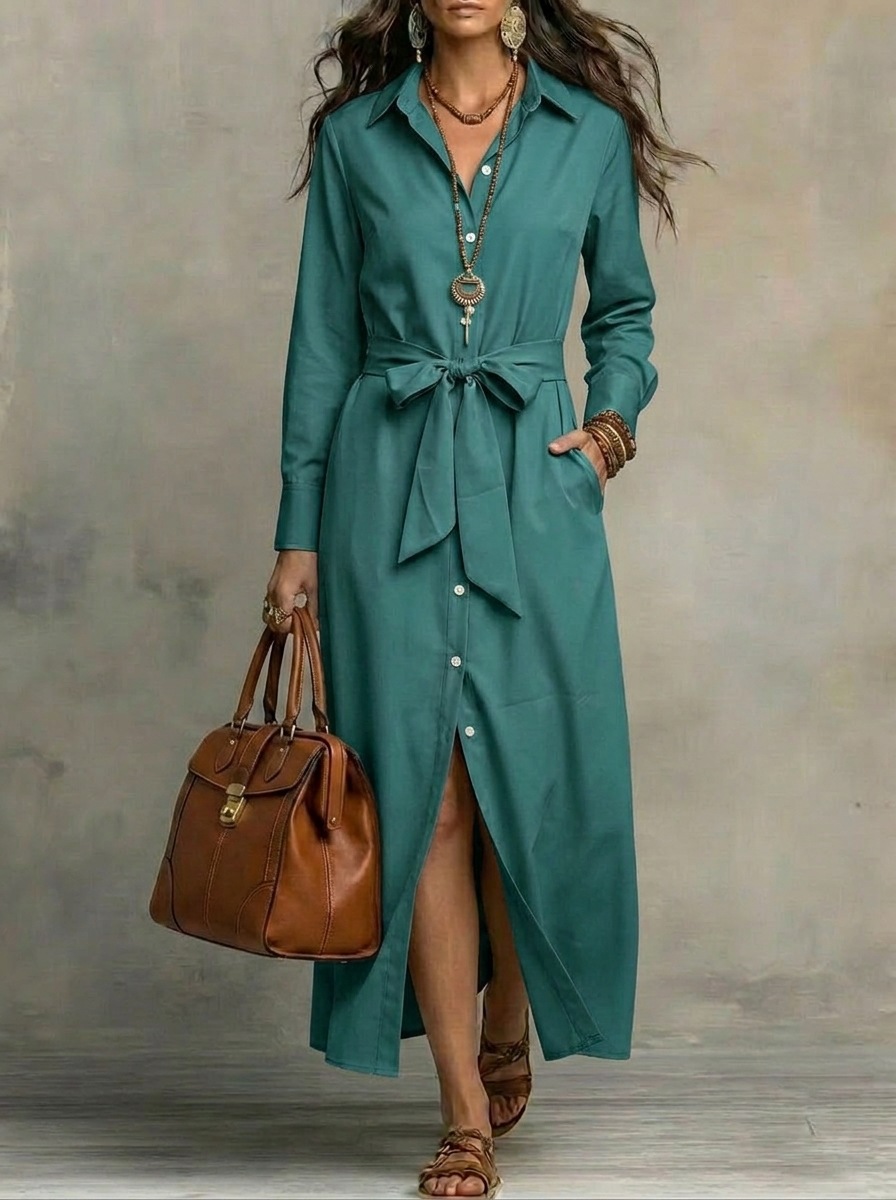 Women's Long Sleeve V-Neck A-Line Maxi Dress with Cardigan